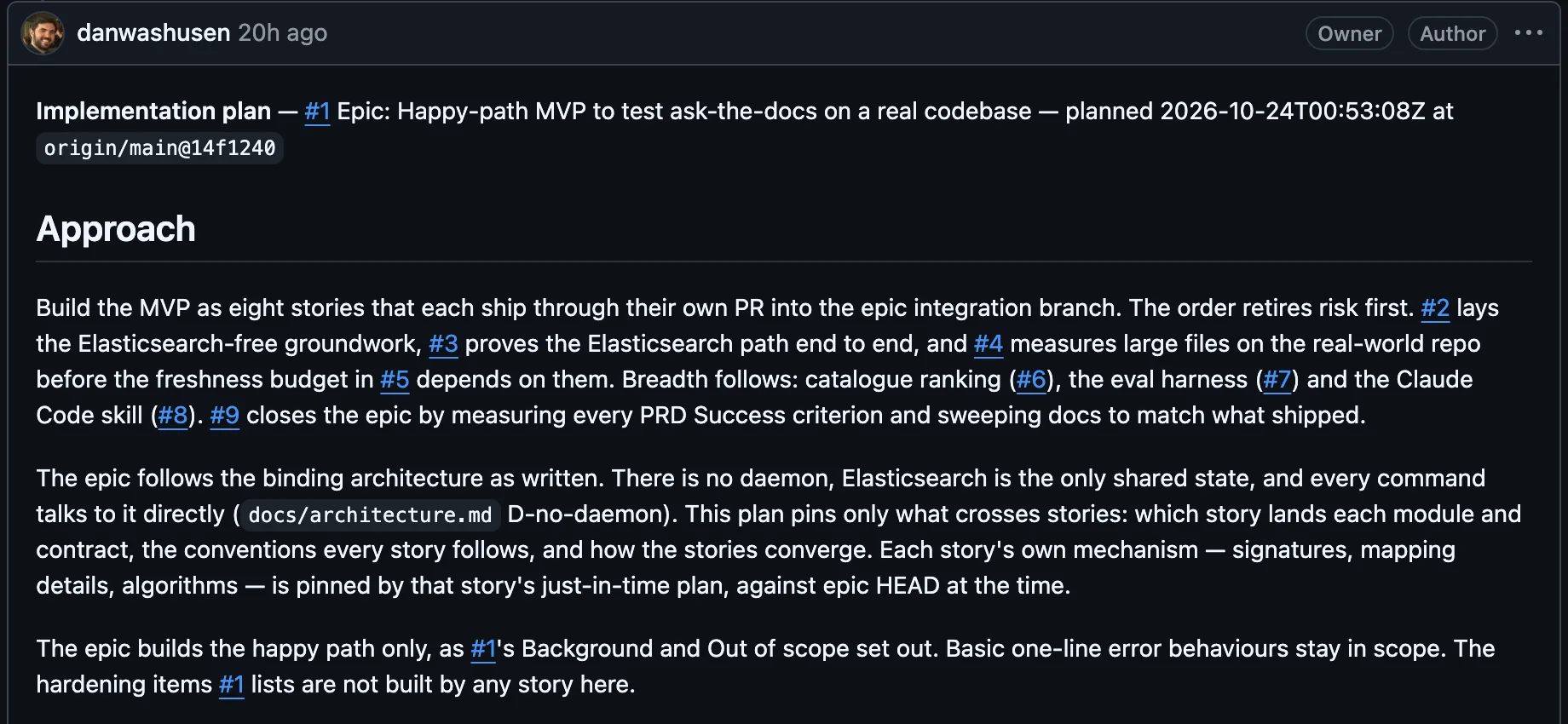 The epic's implementation-plan comment on GitHub, opening with its Approach: eight stories that each ship through their own PR, ordered to retire risk first.