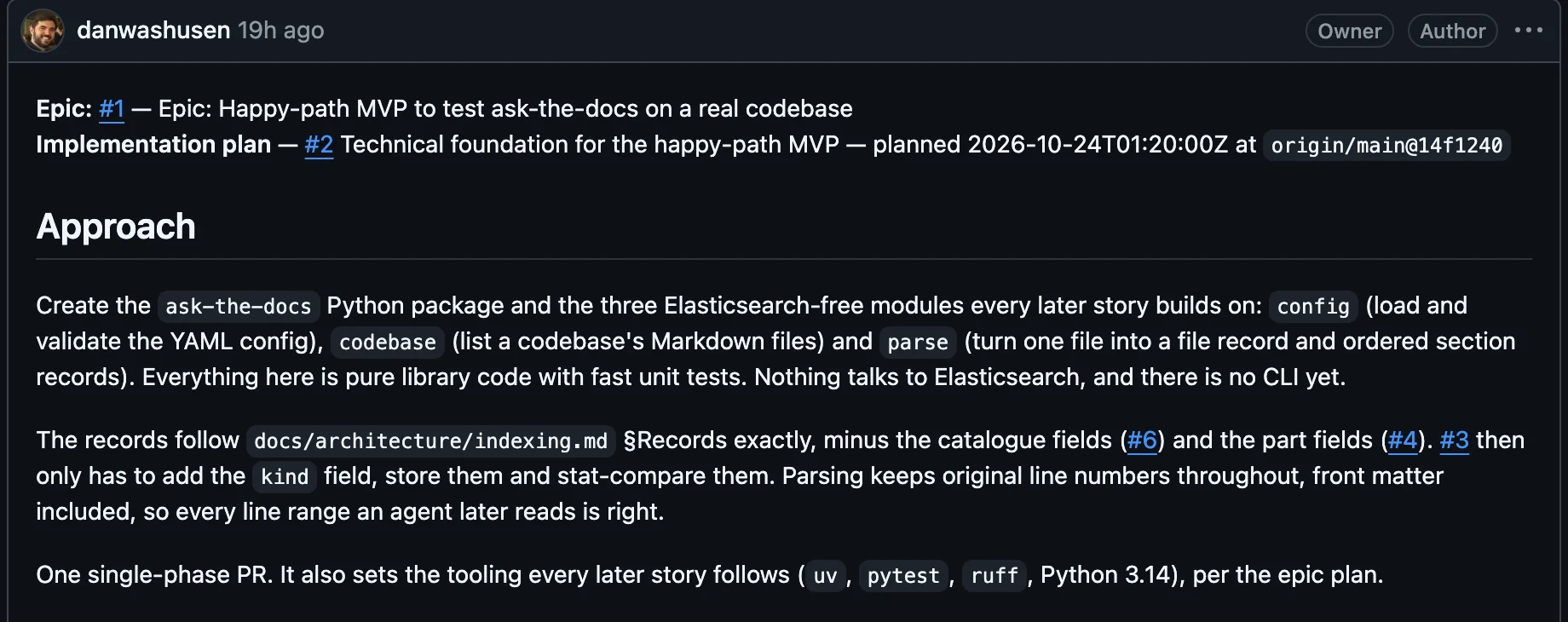 Story #2's implementation-plan comment on GitHub, with its Approach for the Elasticsearch-free foundation modules.