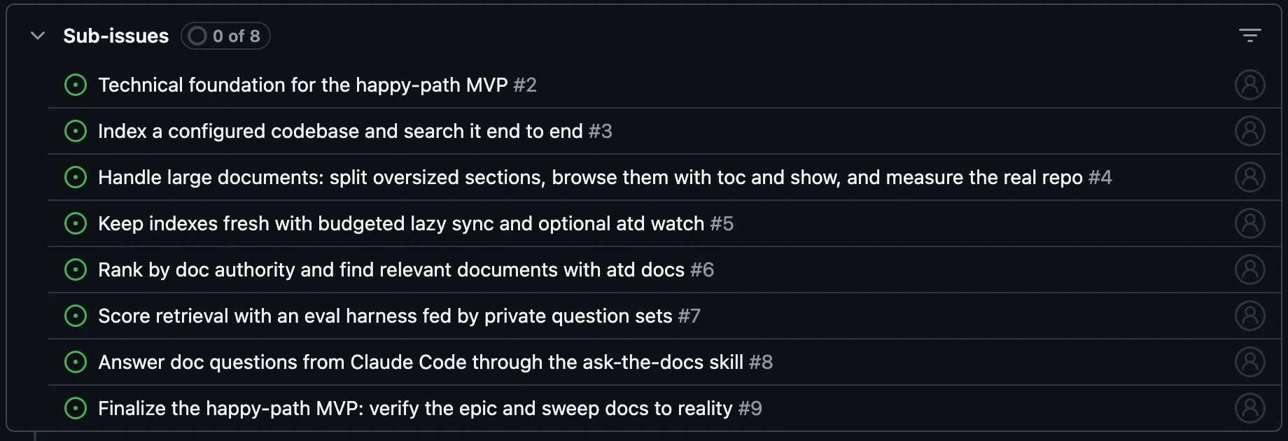The epic's Sub-issues panel listing eight stories, #2 to #9, from the technical foundation to finalising the MVP.
